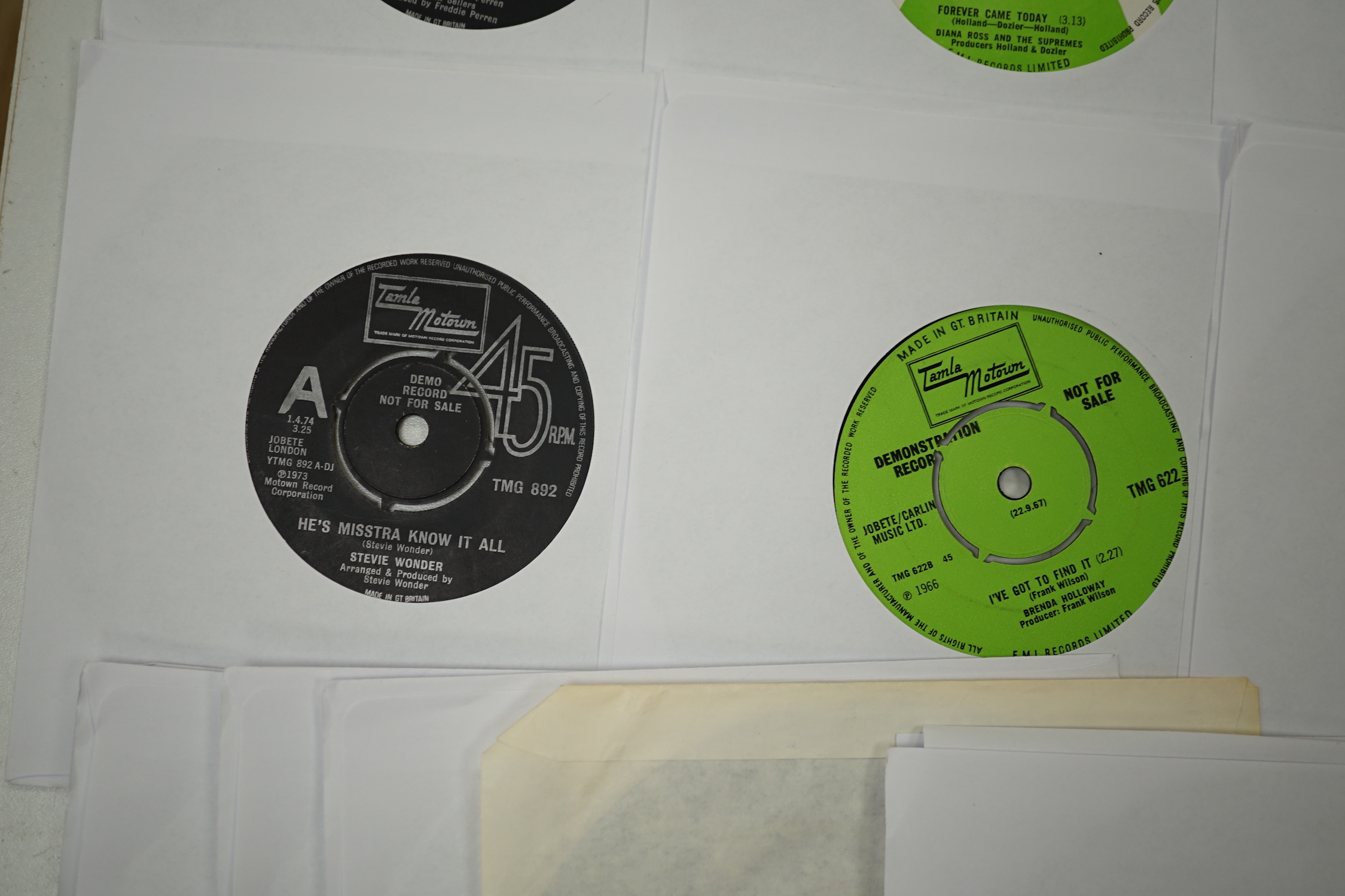 Twenty-two demo 7” singles, all Tamala Motown with printed demo labels by Stevie Wonder, Diana Ross, Gladys Knight, Marvin Gaye, the Supremes, Miracles, etc.